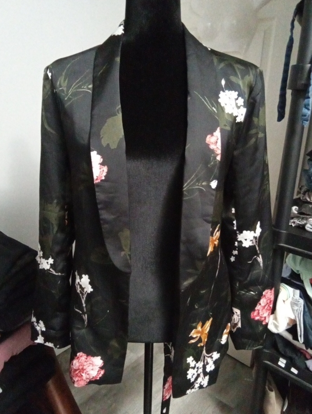 Another Story Small Black Floral Satin Belted Wrap Jacket Blazer